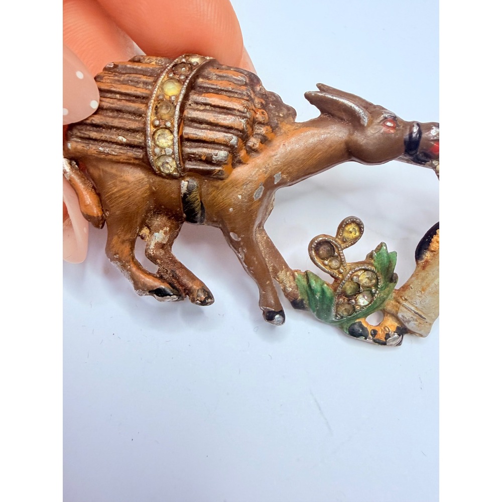 Vintage 1940s Bauman-Massa Enamel Rhinestone Stubborn Donkey Mexican Pin Brooch - Picture 4 of 5